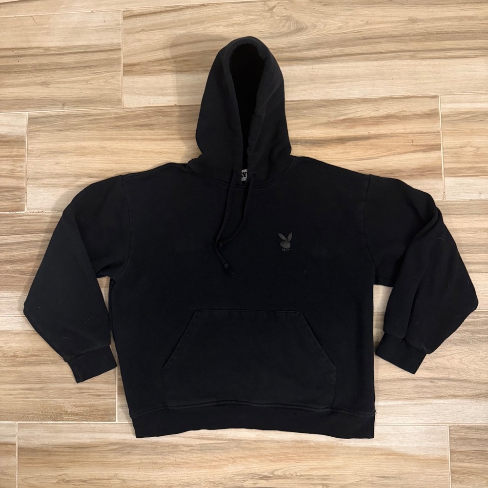 Playboy By PacSun Mens Large Black Tonal Bunny Logo Pullover Hoodie Sweatshirt